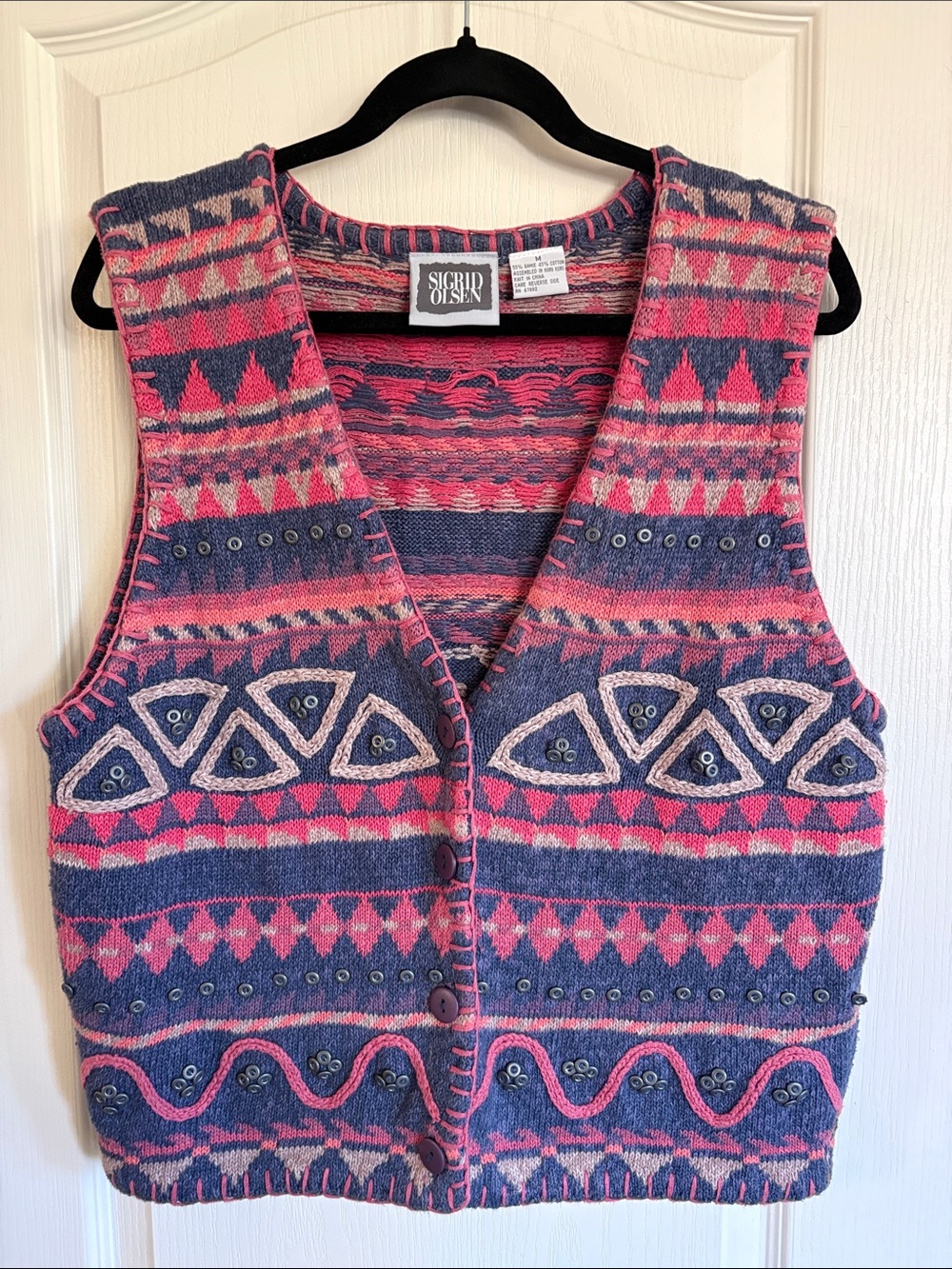 Vintage 90s Sigrid Olsen southwestern intarsia beaded knit sweater vest